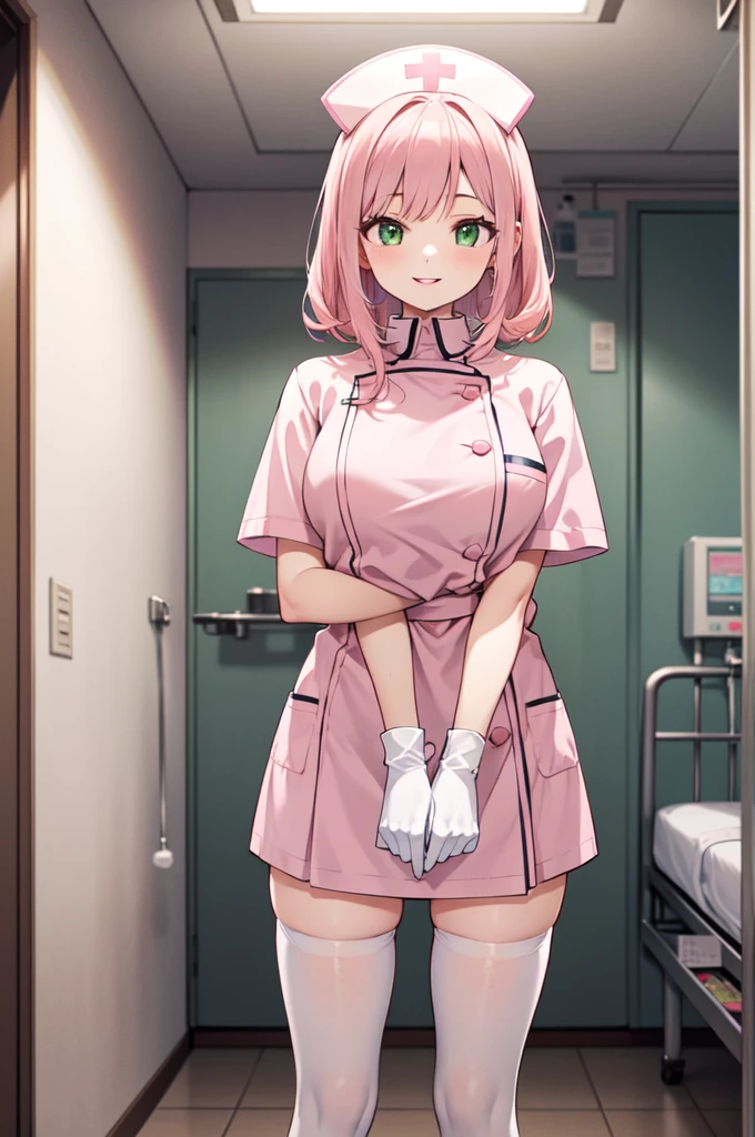 1woman, solo, nurse, white nurse cap, white nurse uniform, ((white legwear, zettai ryouiki)), white gloves, pink hair, green eyes, drooping eyes, pink lips, smile, standing, ((hospital room)), sharp outline, short sleeves, mature female, 32 years old, best quality, masterpiece