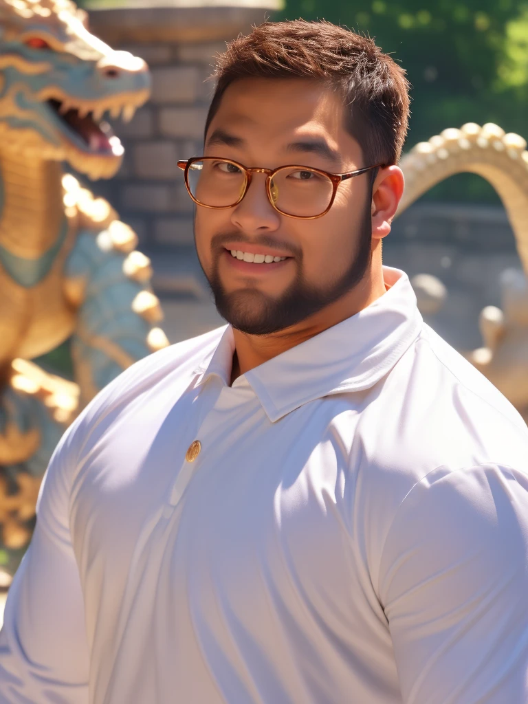 crew cut, (((full body))), mature man, [slightly fat], asian man, brown eyes, rounded face, glasses, slightly balding, (big shoulders), (((stubbles, Short beard))), (((full beard))), (Beautiful eyes:1.3), (Detailed face:1.3), lip smile, white shirt, photoshoot with a stone dragon statue, a stone wall background, amusement park,