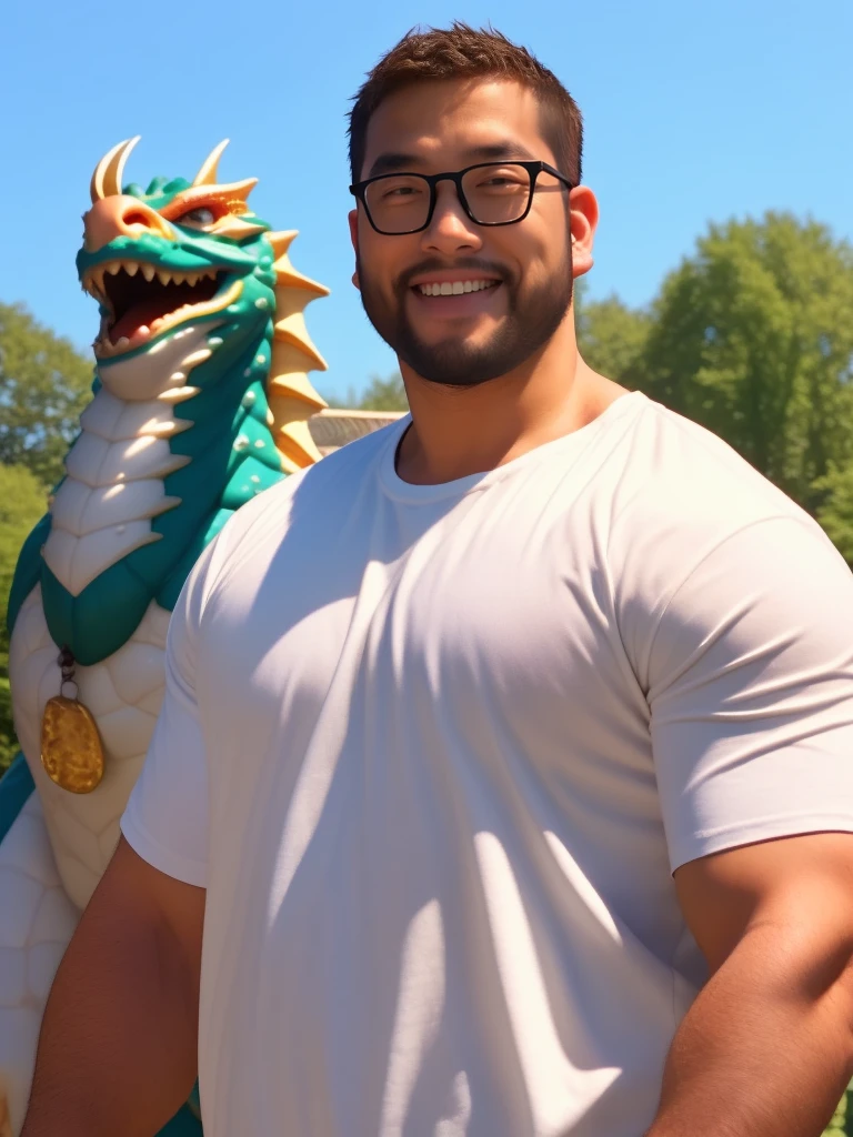 crew cut, (((full body))), mature man, [slightly fat], asian man, brown eyes, rounded face, glasses, slightly balding, (big shoulders), (((stubbles, Short beard))), (((full beard))), (Beautiful eyes:1.3), (Detailed face:1.3), lip smile, white shirt, photoshoot with a stone dragon statue, a stone wall background, amusement park,