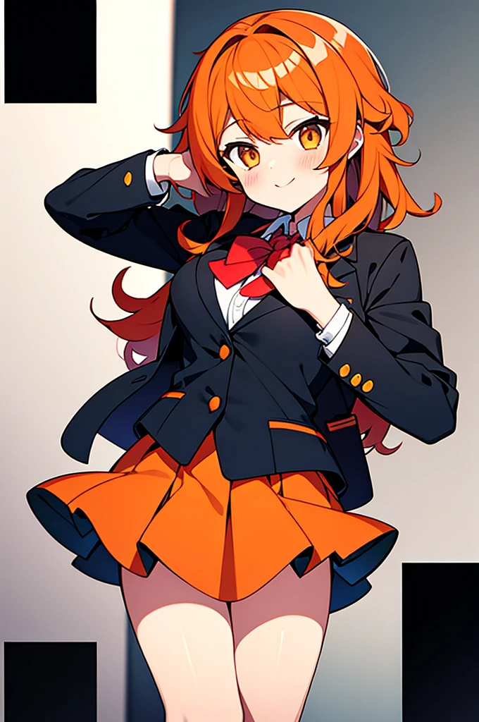 high school girl。Blazer uniform。Orange curly medium hair。Older sister character。Short skirt。