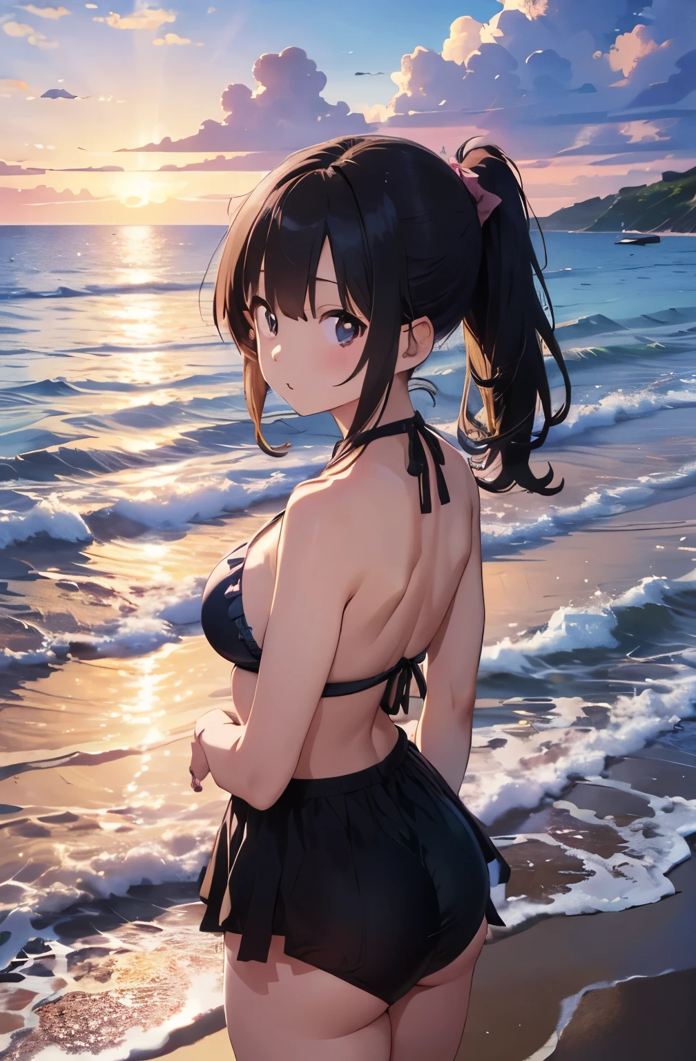 Silver-haired girl drawn in high resolution Japanese anime style、Standing alone on the white sand beach of a deserted island。She is wearing a gorgeous pink bikini.、Her hair is in a ponytail that sparkles in the light...。The sea in the background shines emerald green...、The beach is littered with shells and pebbles.、time々、Small waves gently wash up on the shore。Tropical wood々Swaying in the Wind、Mr...々Among the branches々Birds are singing..。wood々Colorful flowers blooming in abundance、The entire island is filled with abundant nature...。On the horizon of a distant sea、The setting sun casts a beautiful orange glow over the ocean.、It gives the whole place a mystical feel...。、Wakame seaweed、Wakame seaweed、Wakame seaweed、Wakame seaweed、Wakame seaweed、Wakame seaweed、