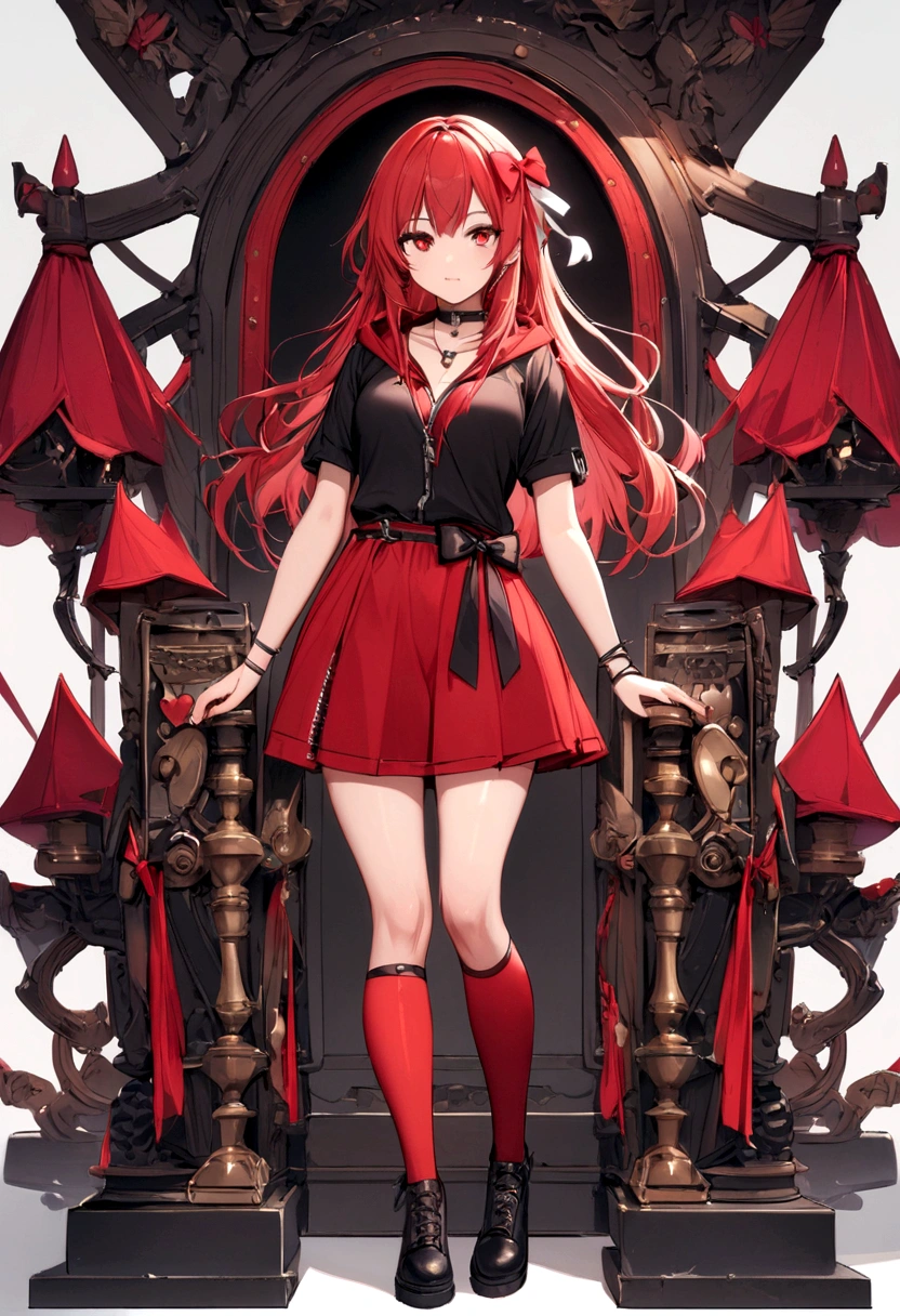 a girl with a red skirt and a black skirt that is under the red shirt . red stockings . red zip up hoodie, black shirt underneath with short sleeves and ,red hair, long hair and a flower with a ribbon on the bottom on the side on the hair and red eyes has a black Choker , and a small heart red necklace , has a ribbon bow waistband , full body