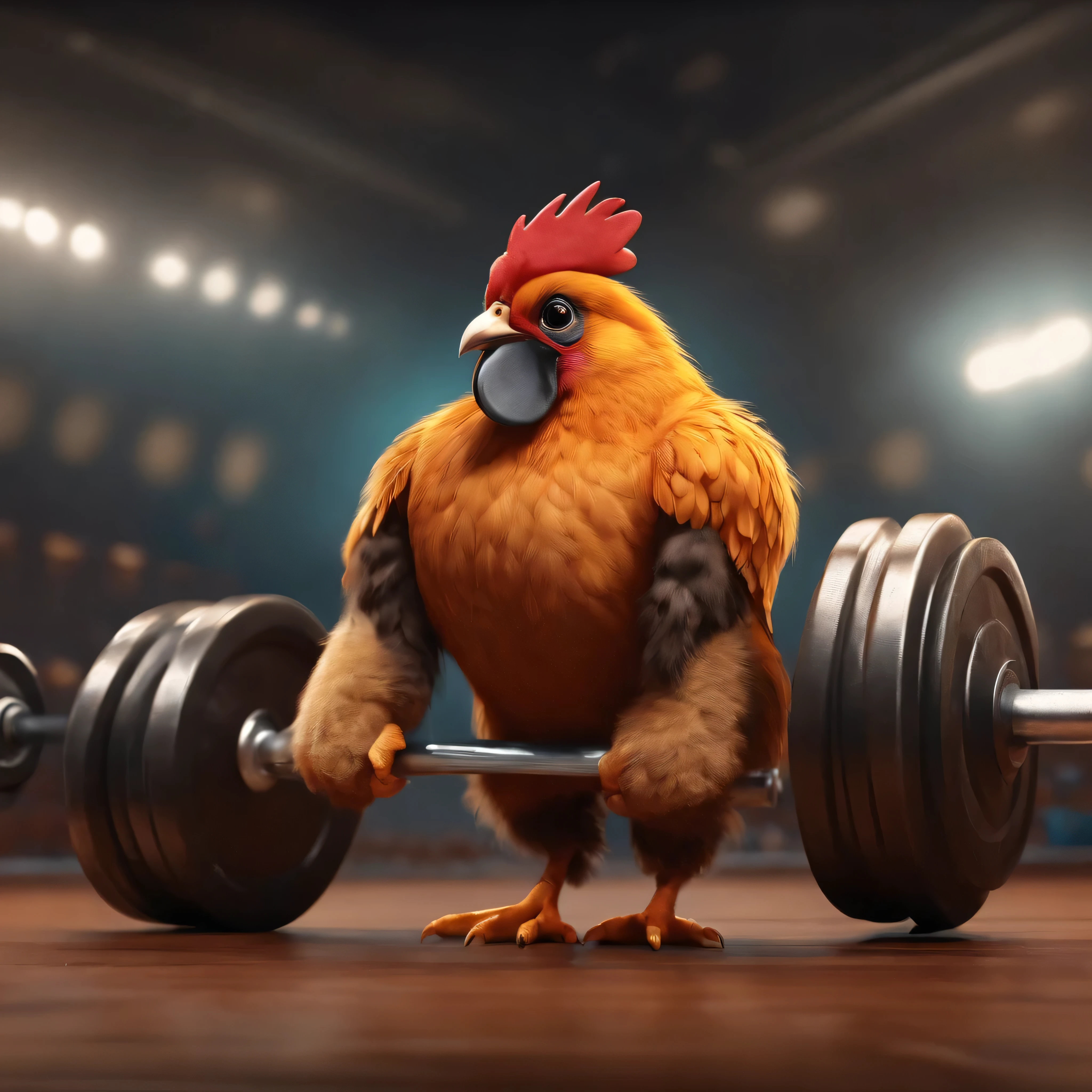 chick filhote (galo) versão Maromba, doing weight lifting, brawny, strong and sturdy, estilo desenho animado