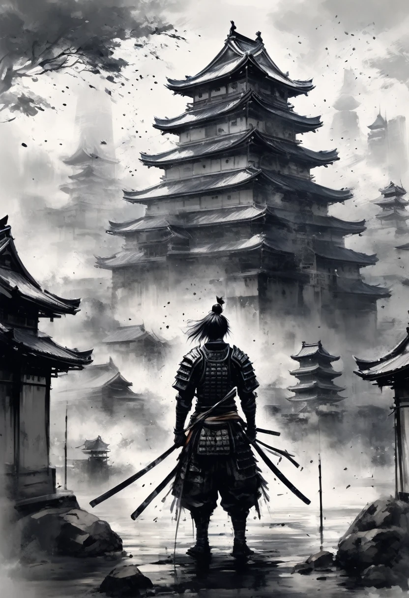 Black and white painting,Ink Painting,splash,(whole body,Angle from the feet:1.2),(Hairstyle,Mamba Hair),detailed beautiful face,(samurai armor,Detailed Armor),japanese castle,