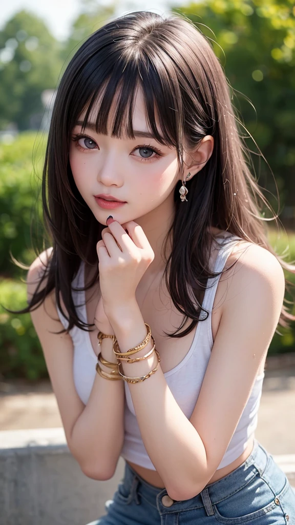 Beauty、 One Girl、alone、 Long Hair、 View your viewers、smile、blue eyes、hair ornaments、 White background、gem、 Gray Hair、 Mouth closed、 Blunt bangs、 Manicure、bracelet、lips、 Grey Eyes、Portraiture、 Red nails、close、赤いlips、 Put your hands on your face、 Put your hand on your cheek,(),(Shiny skin),((Steamed body))(A girl walking in a park after the rain),(Wet white tank top),(Tight denim mini skirt),Girl posing for a photo shoot、(Wet cropped t-shirt)、、Slim body、Medium sized breasts、Slim girl model、24 year old female model、((She's wet))(Pink nipples showing through)