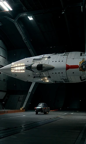 The small spaceship is leaving the main spaceship hangar,