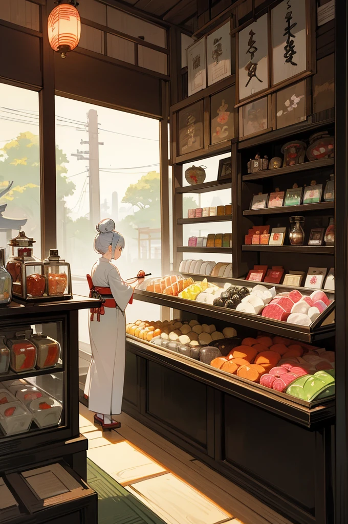 "An illustration of a traditional Japanese candy shop. A kindly old woman with a white bun and colorful kimono sits behind the counter, with a black cat sitting next to her. The shop is filled with various colorful candies in jars and traditional Japanese decorations. The atmosphere is warm and inviting."