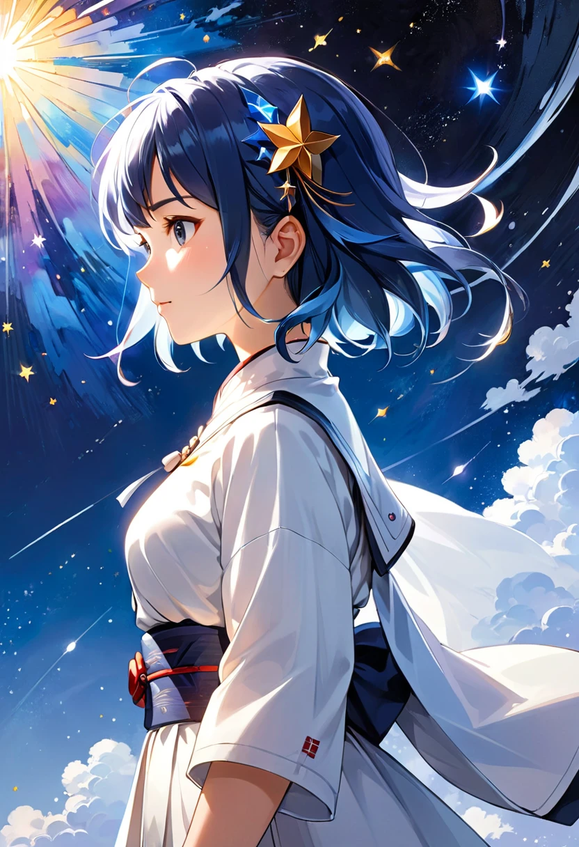 Acrylic painting of a Japanese girl, 星の子, in the star lights, in the space, blending techniques with elements reminiscent of Genshin Impact, showcased with a medley of palette knife and brush strokes, trending on Pixiv Fanbox, high-key palette, soft yet defined. A detailed and intricate illustration of a person with short blue hair adorned, in profile view, wearing a white outfit with a high collar, Masterpiece, Best Quality, flat, Manga Scan, Anime, cinematic lighting, drawn Art, by Studio Trigger, clip studio paint, Anime Wallpaper, Deep Color, Cel-Shaded