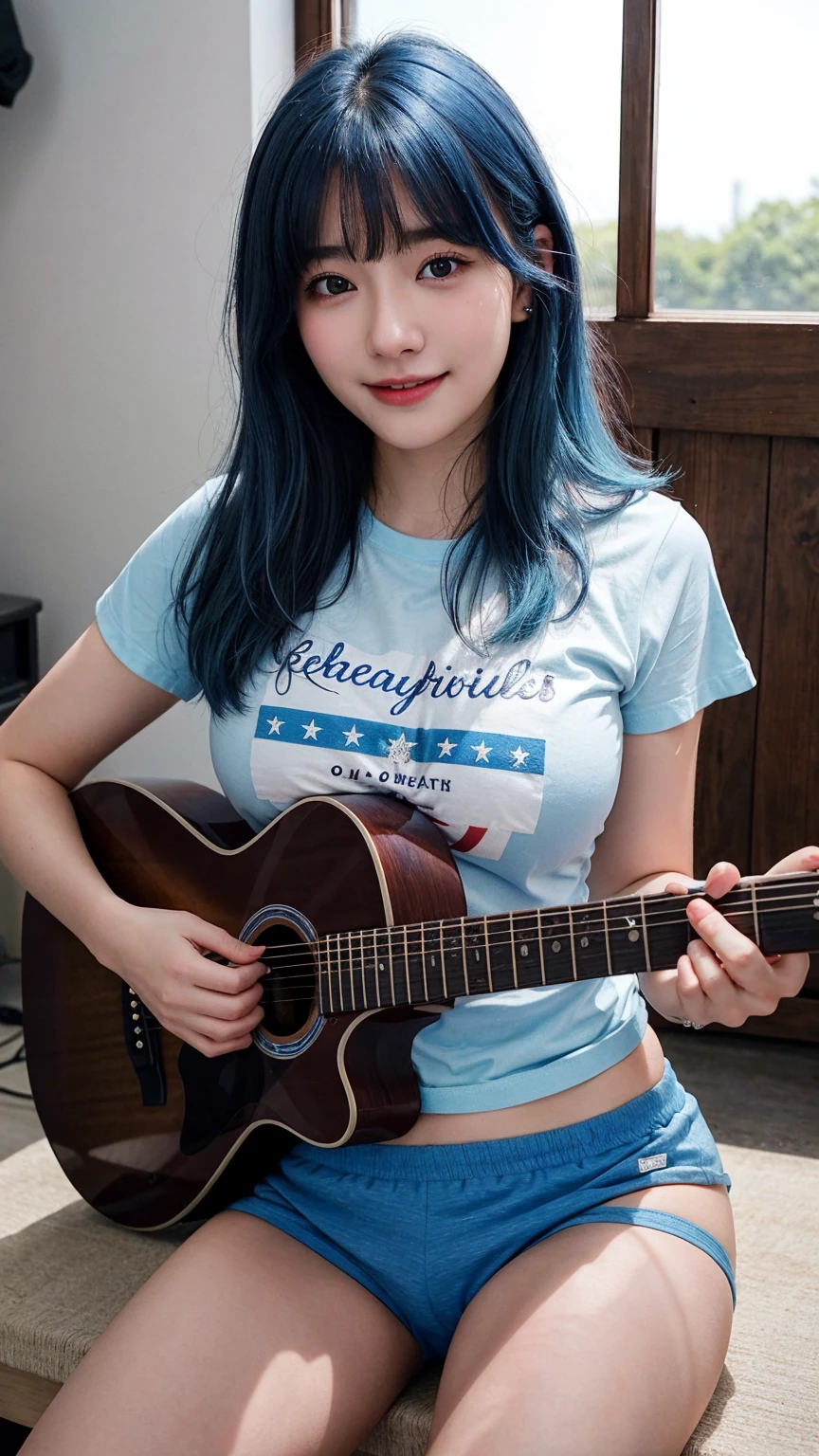 ((best quality)), photorealistic, photorealism, Photorealistic, high resolution, ((Wearing t shirt, short panties))、smile、A superb beauty、Super cute、ennui、Rare beauty、Very Short hair、Black Dark Eyeshadow、Sad、white skin、pale skin, Very short hair layered、Cute Makeup、Cute Smile、Fragrant beauty、Music studio background、Mastepiece、Best Quality、Refers to 5 books、Sweat glistening on my chest、Sweat glistening on my face、Medium breasts、Blue hair、Age 20 years old、Mysterious look、A sad expression、Blue Hair、Glamorous music studio、Sweating profusely all over the body、Plenty of sweat glistening on the thighs、A large amount of sweat glistens on my thighs、Sweating profusely、Gal、Medium breasts、Beautiful face、Alluring expression、Sitting、Sitting playing guitar、Thick thighs、Playing guitar、I have a guitar、Sing a song enthusiastically、Playing guitar in a band、Rock band、Playing guitar chords、Live House Background、Sing a song、Open your mouth、Live house scenery、Glamorous live stage、Dynamic Angle