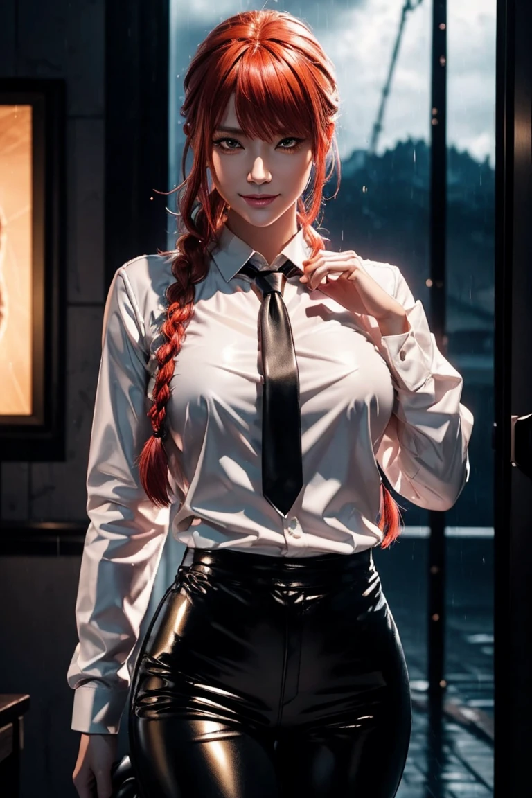 Chainsaw Man,Makima,With bangs,Red Hair,Braids at the back,Golden Eyes,White long sleeve shirt,Black tie,Black Leather Pants,Ultra HD,super high quality,masterpiece,Digital SLR,Photorealistic,Detailed details,Vivid details,Depicted in detail,A detailed face,Detailed details,Super Detail,Realistic skin texture,Anatomical basis,Perfect Anatomy,Anatomically correct hand,Anatomically correct fingers,Complex 3D rendering,Sexy pose,Rainy Sky,Beautiful scenery,Fantastic rainy sky,Picturesque,Pink Lips,smile,