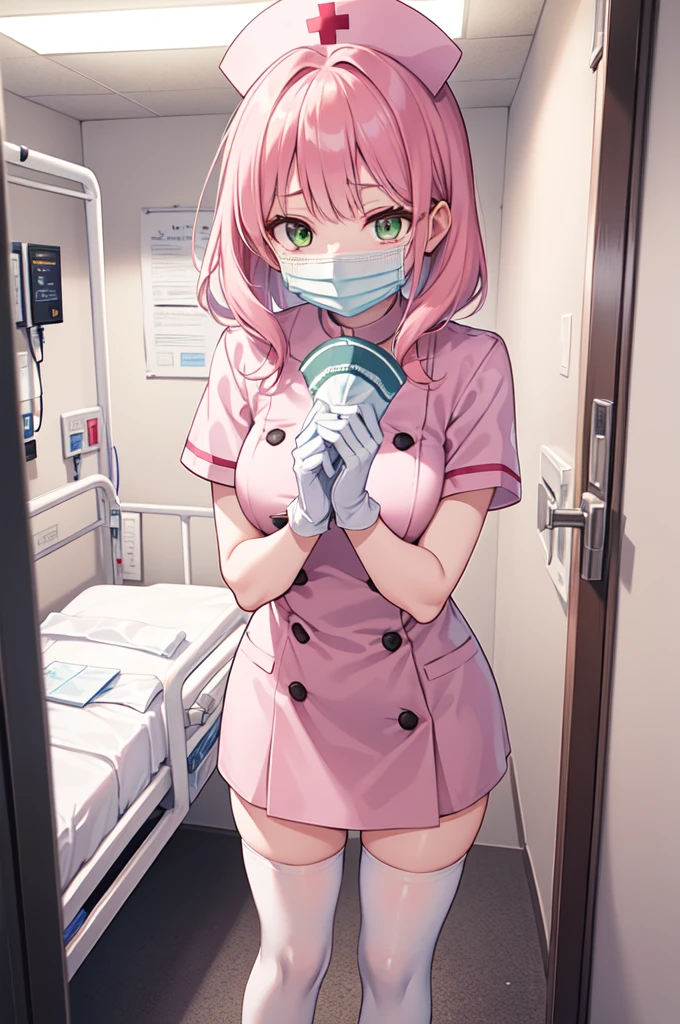 1woman, solo, nurse, white nurse cap, white nurse uniform, ((white legwear, zettai ryouiki)), white gloves, pink hair, green eyes, drooping eyes, ((white surgical mask, covered nose)), standing, ((hospital room)), sharp outline, short sleeves, mature female, 32 years old, best quality, masterpiece