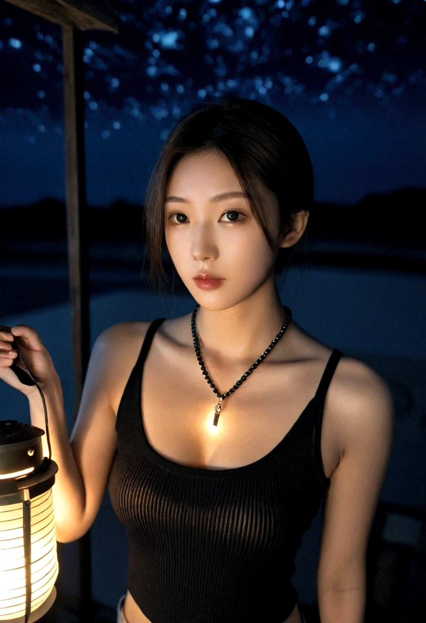extreme close-up of beautiful korean female, 34 inch breasts size, wearing black tank top, necklace , holding lantern, in the darkness room, UHD