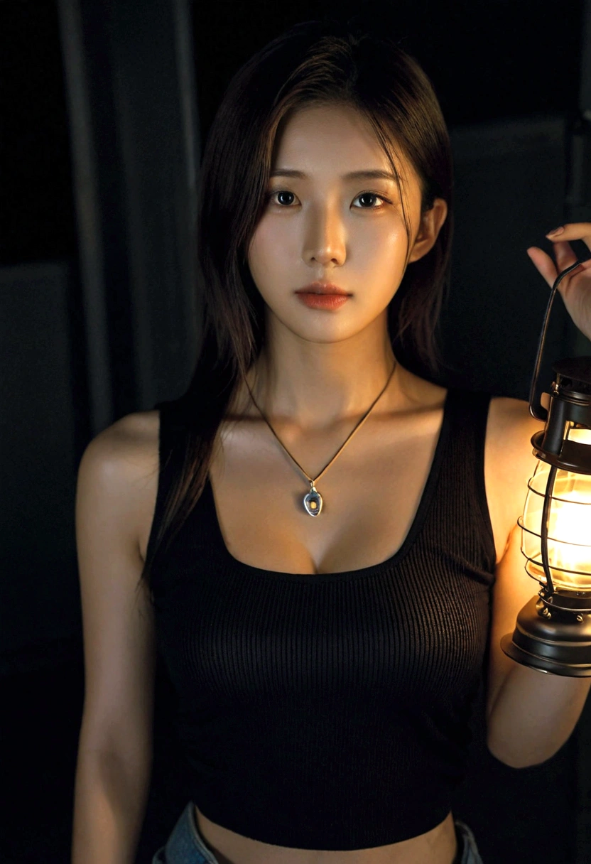 extreme close-up of beautiful korean female, 34 inch breasts size,  wearing black tank top, necklace , holding lantern, in the darkness room, UHD 