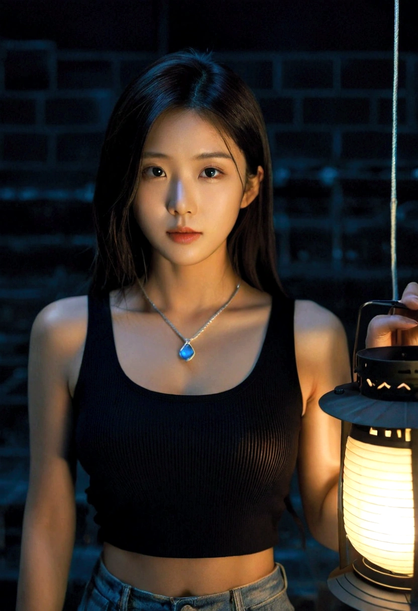extreme close-up of beautiful korean female, 34 inch breasts size, wearing black tank top, necklace , holding lantern, in the darkness room, UHD