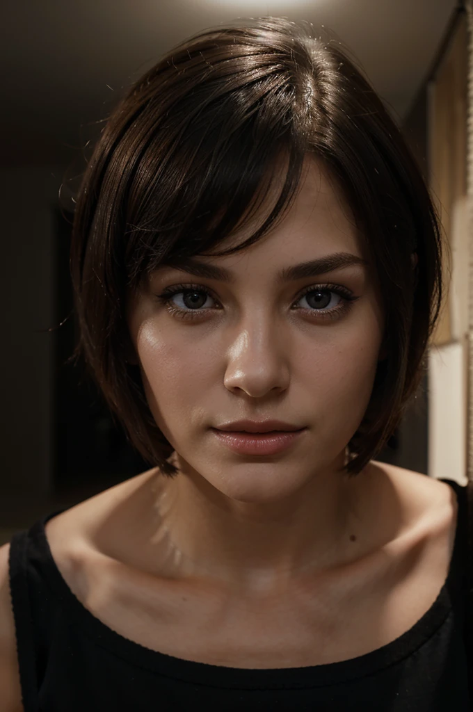 brunette woman, 26 years old, average beauty, short hair, dark eyes, ultra-realistic, inside a well-lit room wearing a black skirt 