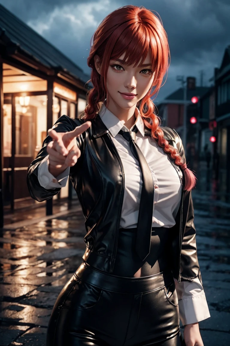Chainsaw Man,Makima,With bangs,Red Hair,Braids at the back,Golden Eyes,White long sleeve shirt,Black tie,Black Leather Pants,Ultra HD,super high quality,masterpiece,Digital SLR,Photorealistic,Detailed details,Vivid details,Depicted in detail,A detailed face,Detailed details,Super Detail,Realistic skin texture,Anatomical basis,Perfect Anatomy,Anatomically correct hand,Anatomically correct fingers,Complex 3D rendering,Sexy pose,Rainy Sky,Beautiful scenery,Fantastic rainy sky,Picturesque,Pink Lips,smile,