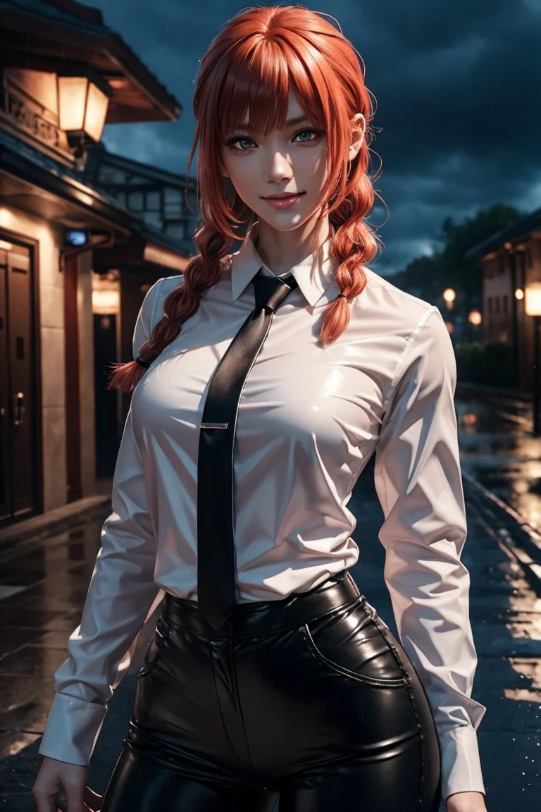 Chainsaw Man,Makima,With bangs,Red Hair,Braids at the back,Golden Eyes,White long sleeve shirt,Black tie,Black Leather Pants,Ultra HD,super high quality,masterpiece,Digital SLR,Photorealistic,Detailed details,Vivid details,Depicted in detail,A detailed face,Detailed details,Super Detail,Realistic skin texture,Anatomical basis,Perfect Anatomy,Anatomically correct hand,Anatomically correct fingers,Complex 3D rendering,Sexy pose,Rainy Sky,Beautiful scenery,Fantastic rainy sky,Picturesque,Pink Lips,smile,