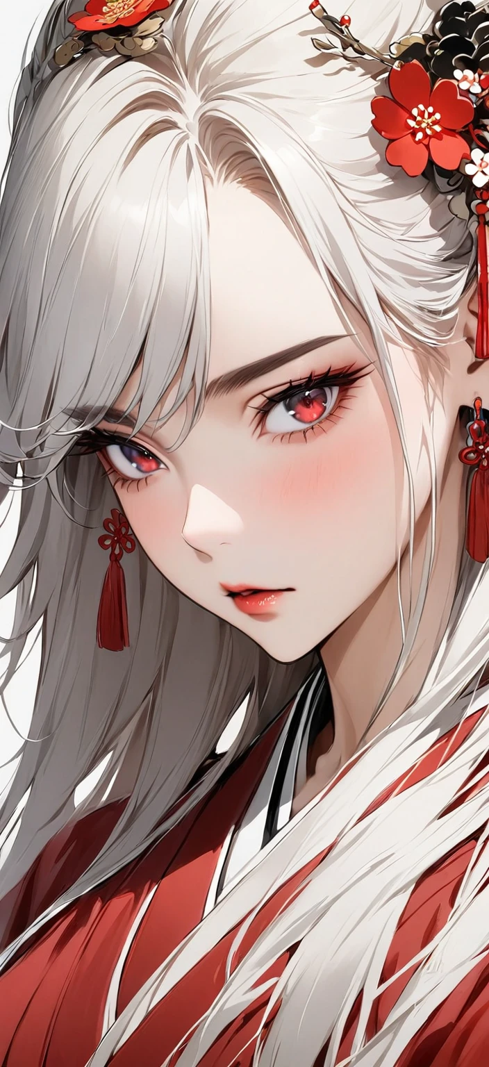 ((masterpiece, Highest quality)), (One girl), (alone)、Older sister in her late 20s, Red Hair、Character portrait、Plum blossom accessories、Red kimono、White background、Long white hair、Red eyes