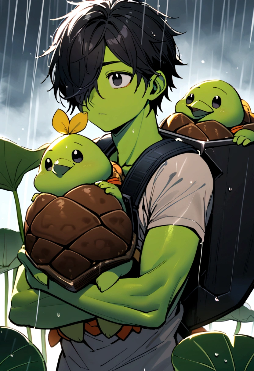 male kappa, black hair covering one eye, big round black eyes, yellow beak, green skin, brown turtle shell on back, holds lotus leaf to shield from rain, thin body