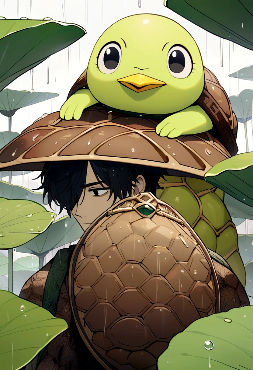 male kappa, black hair covering one eye, big round black eyes, yellow beak, green skin, brown turtle shell on back, holds lotus leaf to shield from rain, thin body