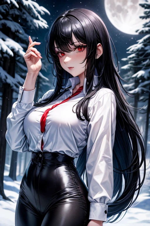 A girl, long black hair, red eyes, wearing a long sleeve white button up shirt, big breasts, shiny black tight leggings, Snowy forest, snow night, dark, Moonlight, absurd, high resolution, ultra-sharp, 8k, Masterpiece, front view, looking at the viewer