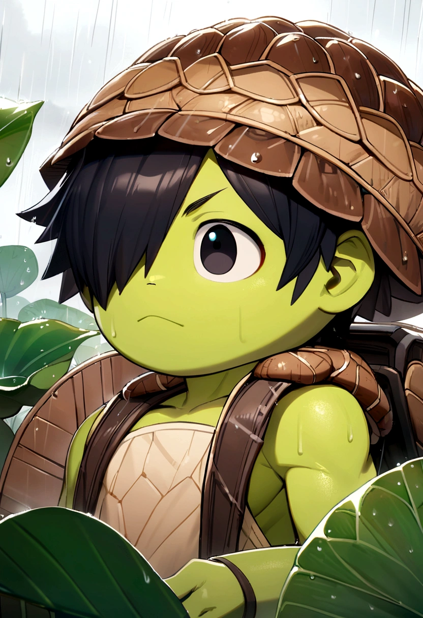 male kappa, black hair covering one eye, big round black eyes, yellow beak, green skin, brown turtle shell on back, holds lotus leaf to shield from rain, thin body