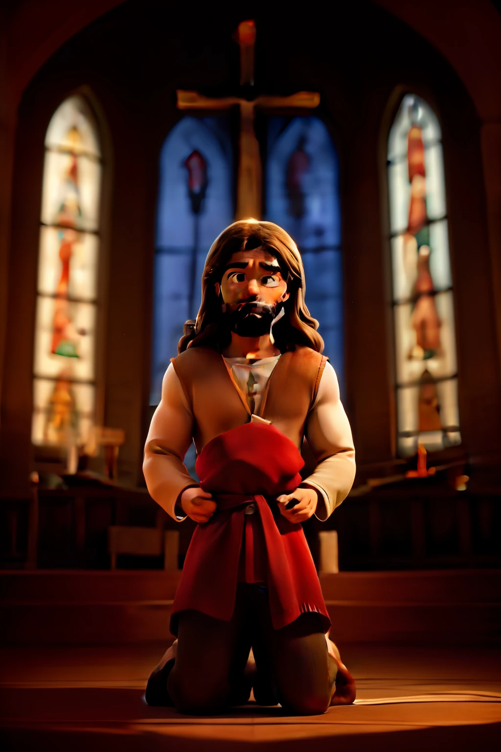 creates an image of Jesus and his apostle John kneeling in front of a church