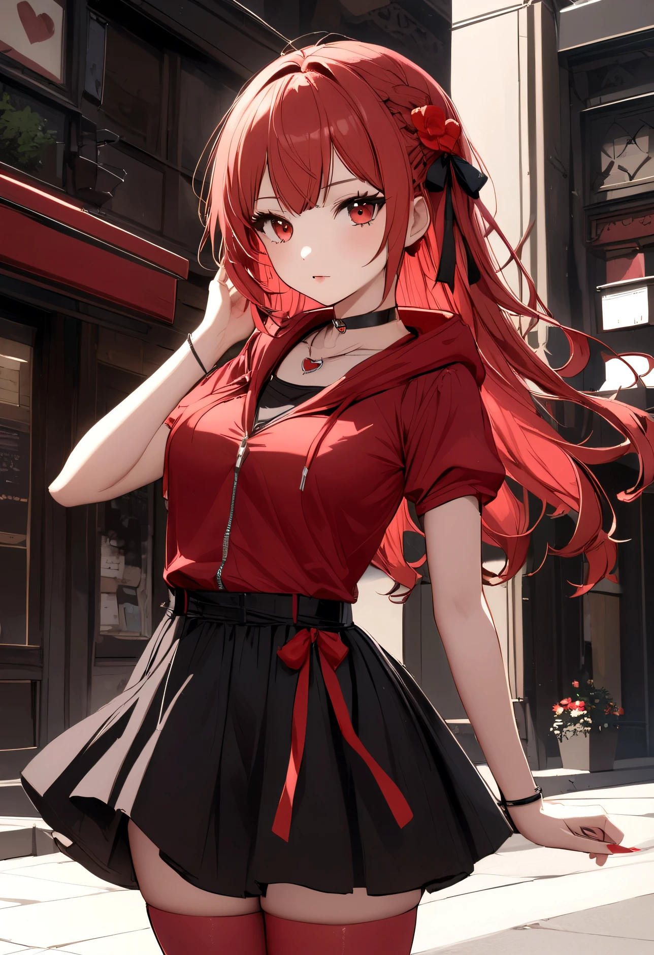 a girl with a red skirt and a black skirt that is under the red shirt . red stockings . red zip up hoodie, black shirt underneath with short sleeves and ,red hair, long hair and a flower with a ribbon on the bottom on the side on the hair and red eyes has a black Choker , and a small heart red necklace ,  has a ribbon bow waistband , full body 