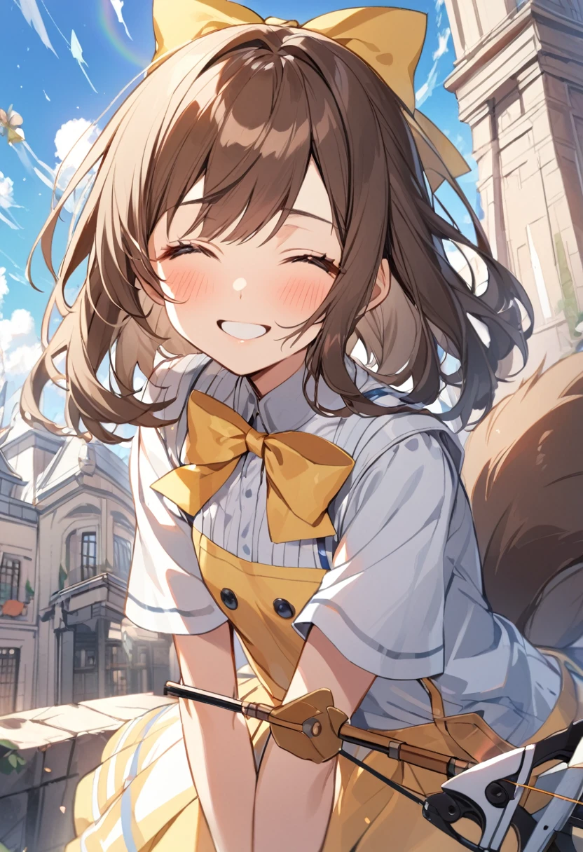 1 girl, alone, broad, blush, SMILE, Brown hair, bow, two tails, Closed eyes, weapon, short sleeves, hair bow, sky, day, blue sky, building, in front of the viewer, yellow bow, bow (weapon), ARROW (projectile)