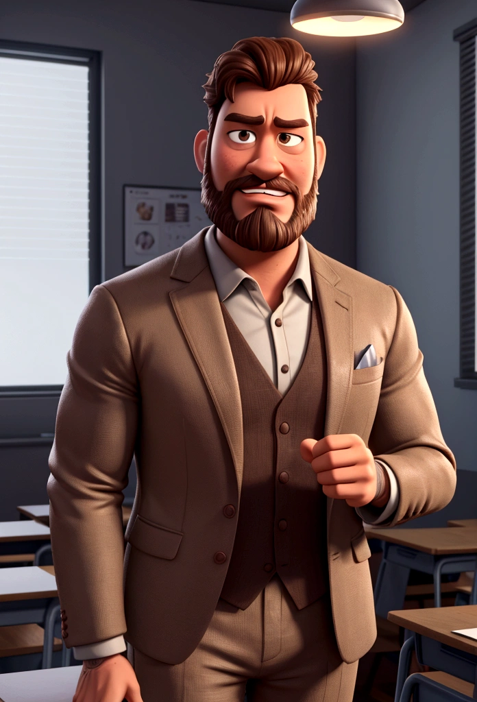 one  men, unshaven beard, without glasses, brown color, in a suit in the classroom, animation character, stylized character, animation style rendering, 3d stylized, Arnold Maya rendering, Stylized 3D rendering, toon render screenshot, 3d character, 3d character, Stylized 3D rendering, 3D character rendering, cartoon character, Personagem de close up, character posing, (Pixar-style) (master part:1.2) (bokeh) (best qualityer) (skin detailed) (detailed texture) (8K) (Argilla) (cinematic lighting) (sharp focus