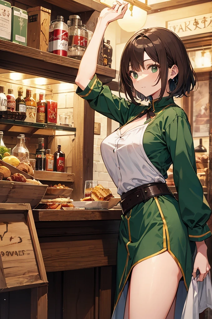 Woman Short Brown Hair Adventurous Strong Personality isekai Medieval Tavern Background Green Clothes