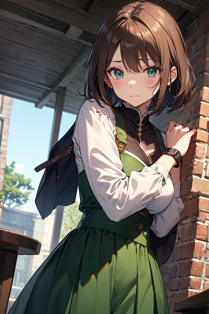 Woman Short Brown Hair Adventurous Strong Personality isekai Medieval Tavern Background Green Clothes