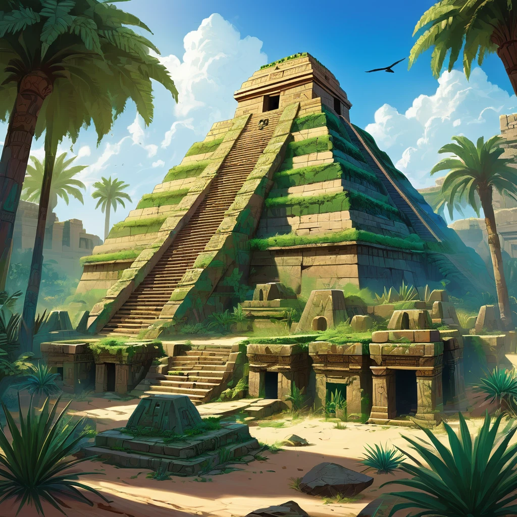 An ancient, fictional ruin that combines elements of both Aztec and Mesopotamian civilizations, set in a lush jungle meeting an arid desert landscape. A grand stone pyramid with stepped sides, resembling an Aztec temple, partially overgrown with vibrant green vegetation, and a towering ziggurat-like structure made of sun-baked bricks with intricate bas-reliefs of Aztec and Mesopotamian mythology. Crumbling walls, remnants of ancient buildings, overgrown jungle vines, half-buried in sand, weathered stone statues of gods, partially covered in moss and sand. A gradient sky from bright blue with fluffy white clouds to deep blue with a blazing sun, casting shadows across the ruins. Exotic birds like toucans or parrots, desert plants like cacti and dry shrubs, ancient pottery shards, and partially exposed artifacts.