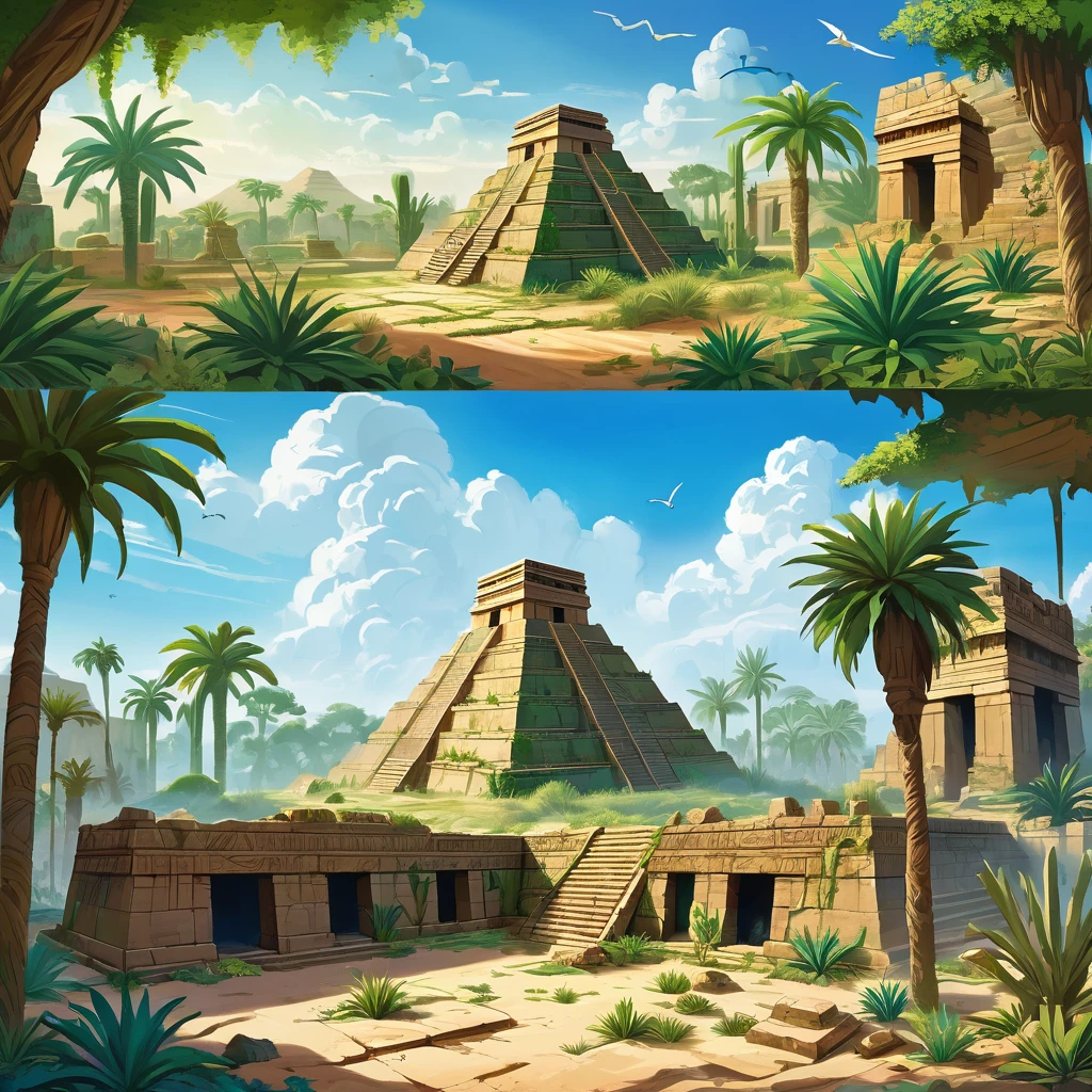 An ancient, fictional ruin that combines elements of both Aztec and Mesopotamian civilizations, set in a lush jungle meeting an arid desert landscape. A grand stone pyramid with stepped sides, resembling an Aztec temple, partially overgrown with vibrant green vegetation, and a towering ziggurat-like structure made of sun-baked bricks with intricate bas-reliefs of Aztec and Mesopotamian mythology. Crumbling walls, remnants of ancient buildings, overgrown jungle vines, half-buried in sand, weathered stone statues of gods, partially covered in moss and sand. A gradient sky from bright blue with fluffy white clouds to deep blue with a blazing sun, casting shadows across the ruins. Exotic birds like toucans or parrots, desert plants like cacti and dry shrubs, ancient pottery shards, and partially exposed artifacts.