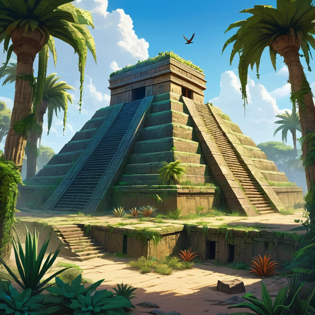 An ancient, fictional ruin that combines elements of both Aztec and Mesopotamian civilizations, set in a lush jungle meeting an arid desert landscape. A grand stone pyramid with stepped sides, resembling an Aztec temple, partially overgrown with vibrant green vegetation, and a towering ziggurat-like structure made of sun-baked bricks with intricate bas-reliefs of Aztec and Mesopotamian mythology. Crumbling walls, remnants of ancient buildings, overgrown jungle vines, half-buried in sand, weathered stone statues of gods, partially covered in moss and sand. A gradient sky from bright blue with fluffy white clouds to deep blue with a blazing sun, casting shadows across the ruins. Exotic birds like toucans or parrots, desert plants like cacti and dry shrubs, ancient pottery shards, and partially exposed artifacts. 