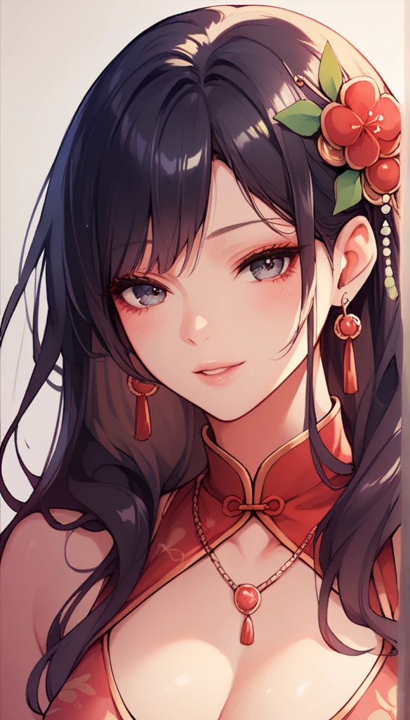 1girl, long_hair, portrait, upper body, china transparent silk dress, dress, hair ornament, necklace, jewelry, long hair, earrings, chinese clothes
