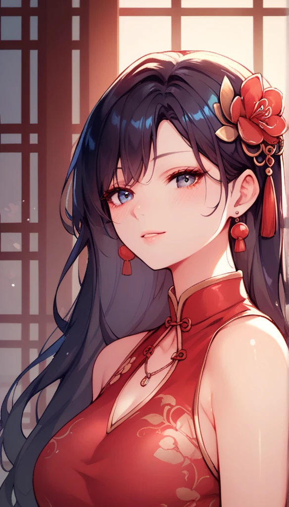 1girl, long_hair, portrait, upper body, china transparent silk dress, dress, hair ornament, necklace, jewelry, long hair, earrings, chinese clothes
