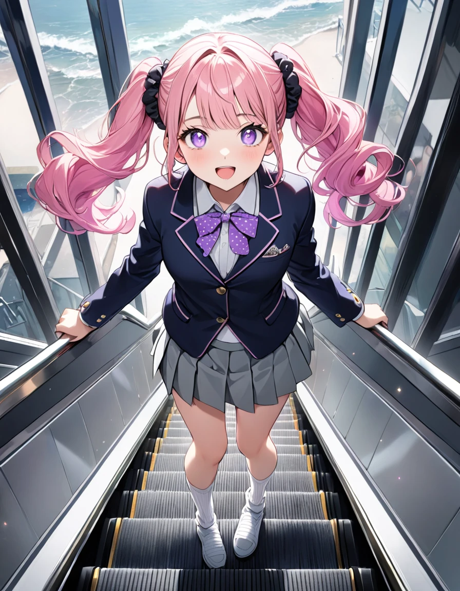 (8K, best quality, master piece: 1.2), super high resolution,1 girl,,solo,1ultra-detailed face,detailed eyes,sparkling pupils,Mascara,Bubblegum Pink hair,natural wave hair,twintails,amethyst Eyes,(scrunchie,, blazer,Short pleated skirt),(gray:1.5),polka-dot pattern Ribbon tie,((white loose socks)),happy,open mouth,medium breasts,double peace,リムライト,standing on a down escalator,Look at Viewer