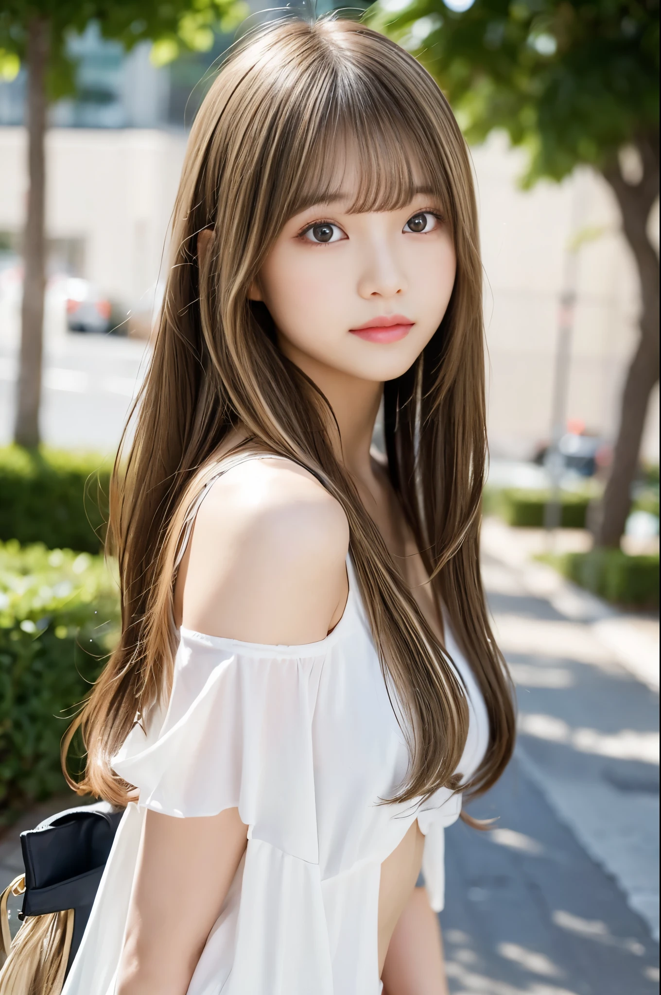 Sexy big boobs、Sexy cute looks and cute beautiful girl, Beautiful and sexy face、A strong wind blows my hair in front of my face、With beautiful, long, straight metallic blonde hair、Cute and sexy eyes hidden behind long bangs
