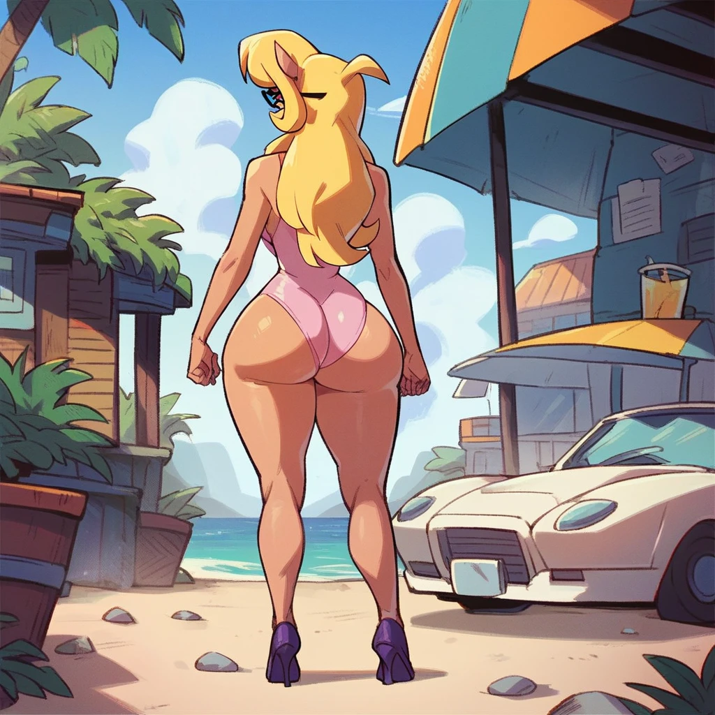 Callie briggs, 1girl solo, outdoors, beachfront, looking at viewer, rear view, standing, huge butt, head turned to viewer, legs, light pink one-piece swimsuit, thicc thighs,