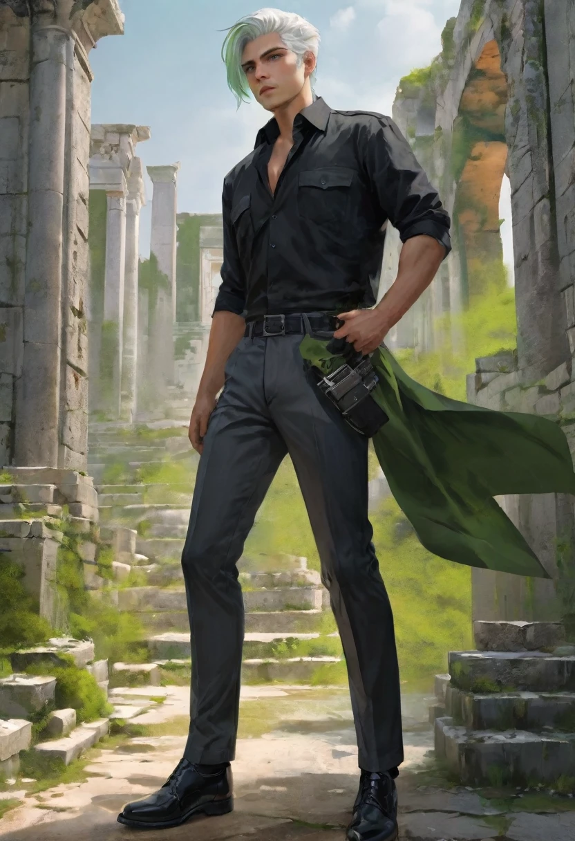 A man with a toned body, motorcycle, Solitary, He has a pistol in his hand, White hair, Moss green tone hair, short hair, ((Black and gray social shirt, Black and gray trousers)), Black social shoes, Serious look, Light green eyes, Ancient ruins, Black Tie.