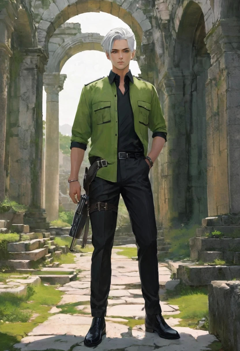 A man with a toned body, motorcycle, Solitary, He has a pistol in his hand, White hair, Moss green tone hair, short hair, ((Black and gray social shirt, Black and gray trousers)), Black social shoes, Serious look, Light green eyes, Ancient ruins, Black Tie.