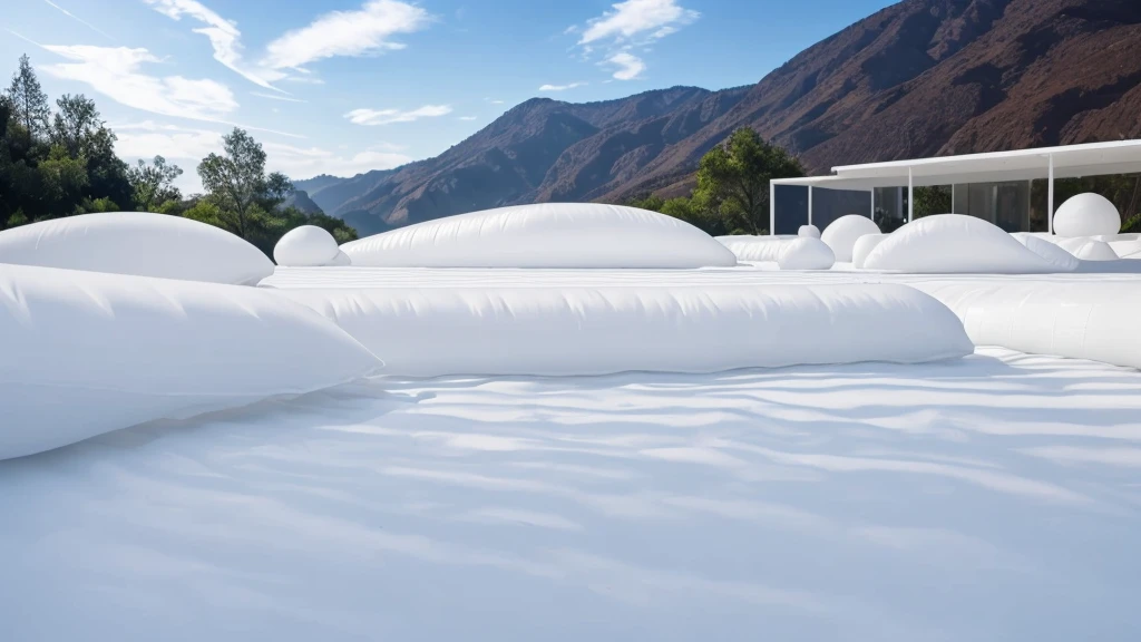 Realistic of a inflatable installation in the shape, white inflatable plastic film material, wrapped in a white polyester sheet. close-up,minimalist, most best quality,32K Ultra HD
