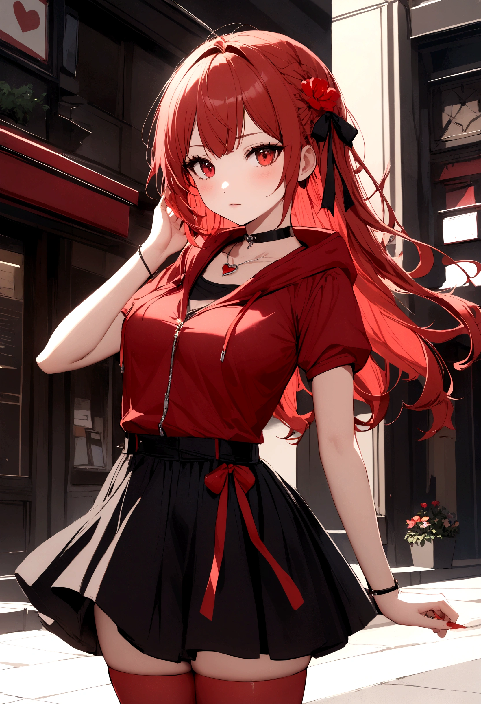 a girl with a red skirt and a black skirt that is under the red shirt . red stockings . red zip up hoodie, black shirt underneath with short sleeves and ,red hair, long hair and a flower with a ribbon on the bottom on the side on the hair and red eyes has a black Choker , and a small heart red necklace ,  has a ribbon bow waistband , full body 