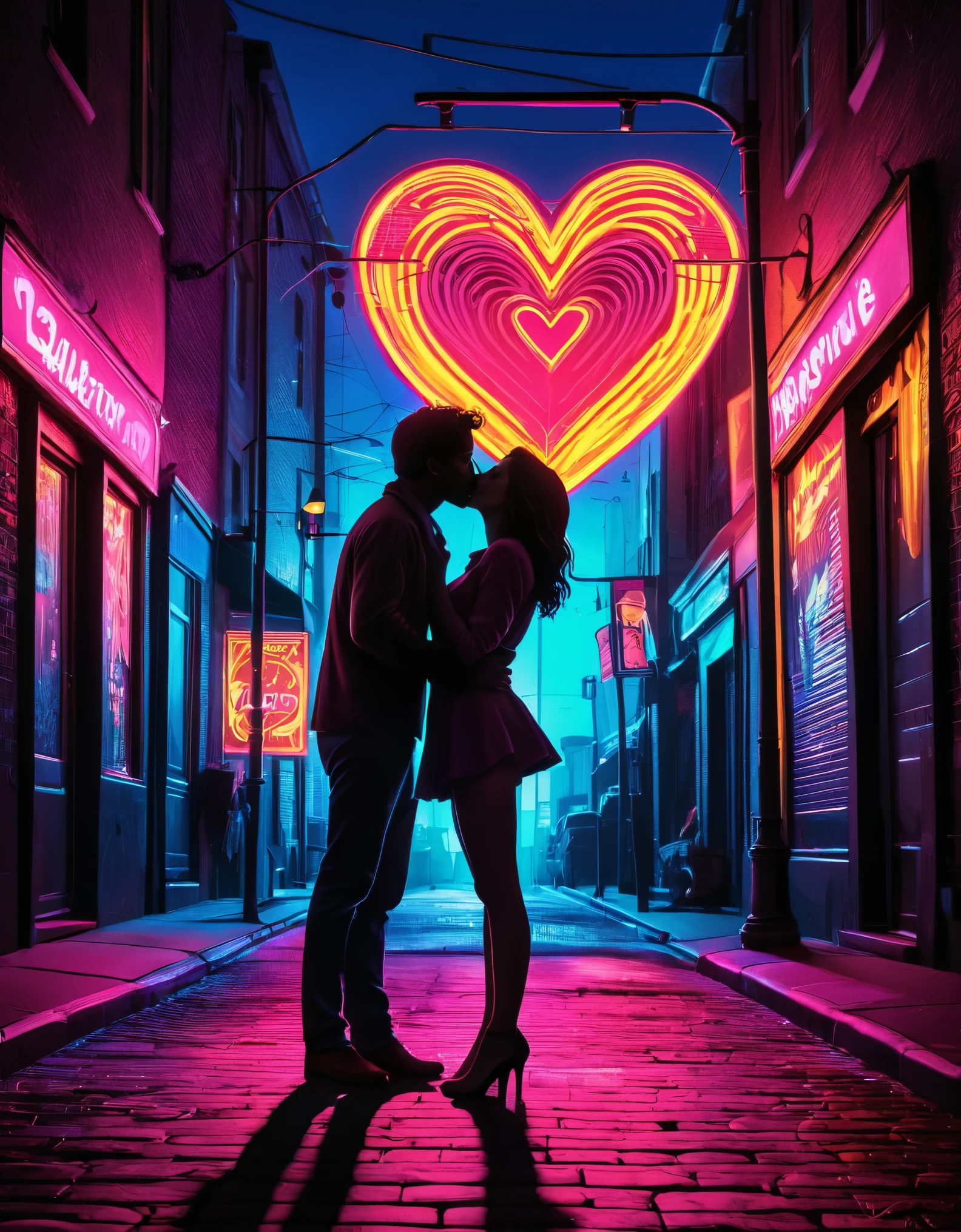 A vibrant neon art piece featuring the silhouette of a couple kissing under a street lamp with neon heart shapes in the background, creating an urban romantic scene.