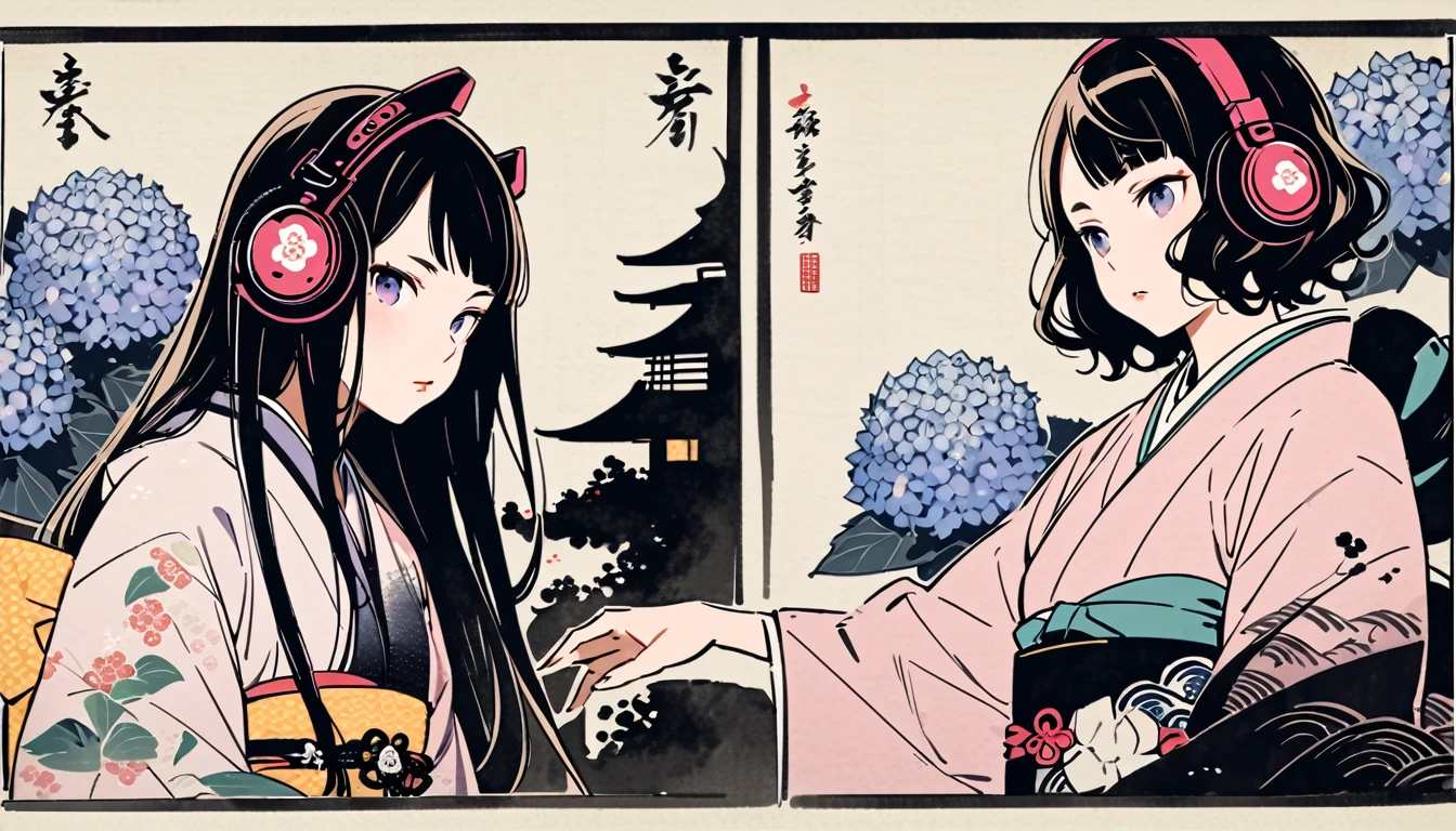 Highest quality, Katsushika Hokusai, Ink Painting, (((very straight longhair))), (((hydrangea))), (((Pale pink kimono))), Japanese style headphones, beautiful girl, Black Hair, Delicate and precise, Modern ukiyo-e style