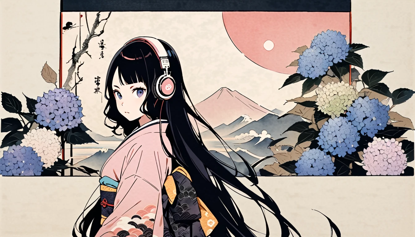 Highest quality, Katsushika Hokusai, Ink Painting, (((very straight longhair))), (((hydrangea))), (((Pale pink kimono))), Japanese style headphones, beautiful girl, Black Hair, Delicate and precise, Modern ukiyo-e style
