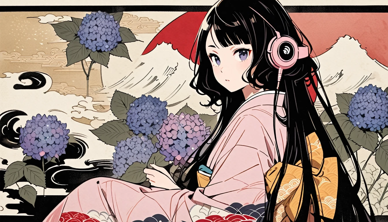 Highest quality, Katsushika Hokusai, Ink Painting, (((very straight longhair))), (((hydrangea))), (((Pale pink kimono))), Japanese style headphones, beautiful girl, Black Hair, Delicate and precise, Modern ukiyo-e style