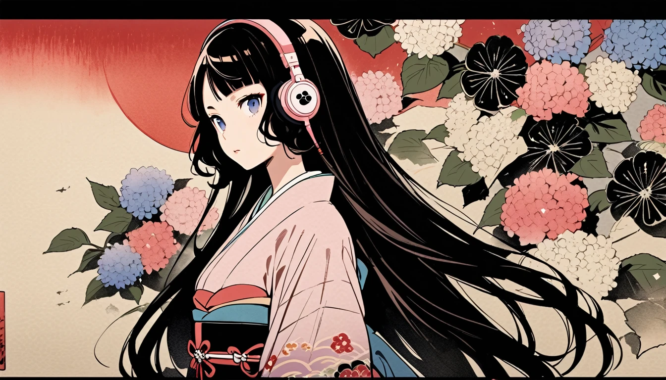 Highest quality, Katsushika Hokusai, Ink Painting, (((very straight longhair))), (((hydrangea))), (((Pale pink kimono))), Japanese style headphones, beautiful girl, Black Hair, Delicate and precise, Modern ukiyo-e style