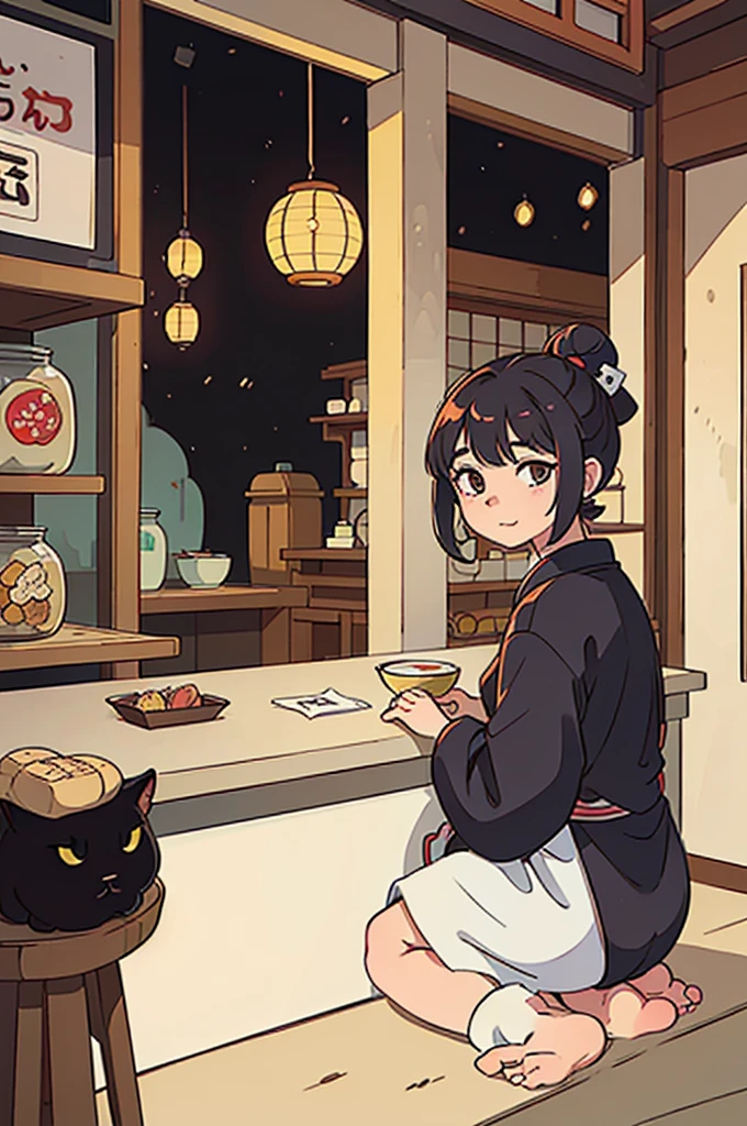 "An illustration of a traditional Japanese candy shop. A kindly old woman with a white bun and colorful kimono sits behind the counter, with a black cat sitting next to her. The shop is filled with various colorful candies in jars and traditional Japanese decorations. The atmosphere is warm and inviting."